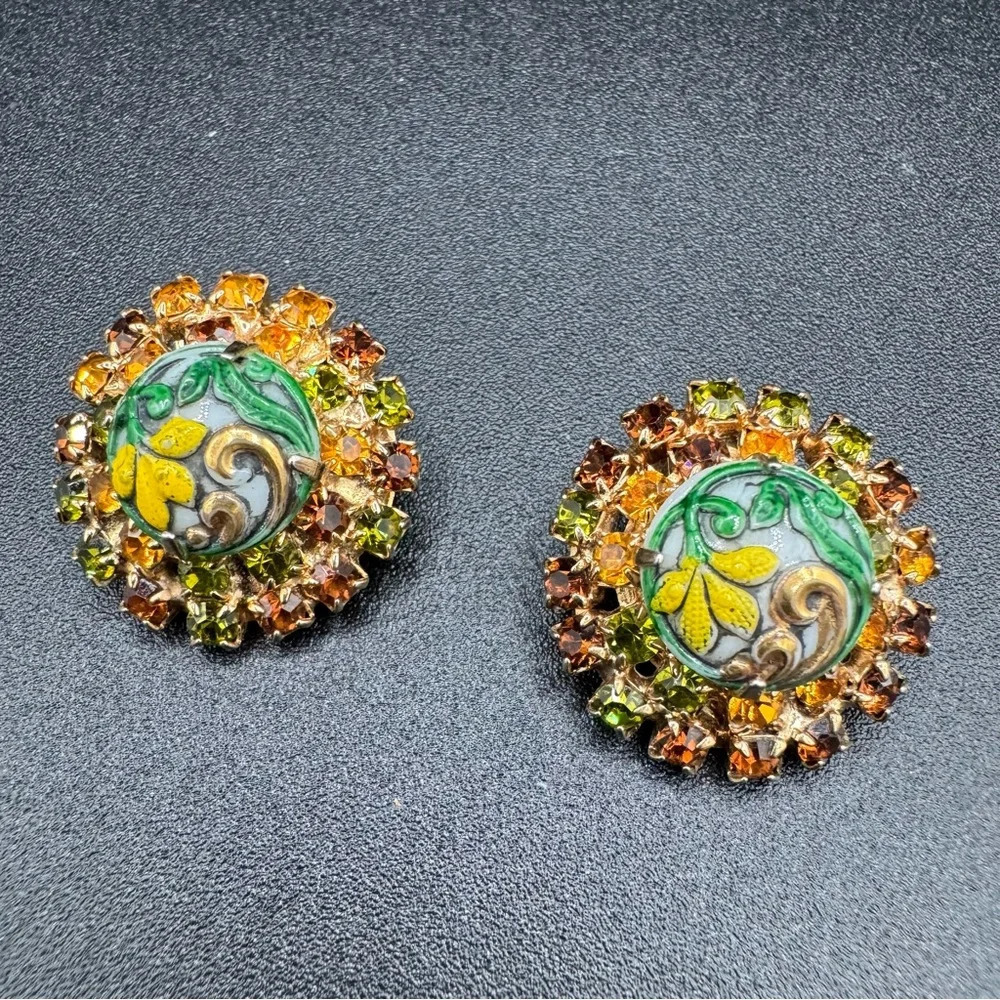 Vintage 1920s Art Nouveau Style Austrian Crystal Gold Tone Floral Necklace Set - Picture 9 of 17
